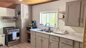 Une cuisine équipée d’une cuisinière, d’un four à micro-ondes, d’un évier et de placards.