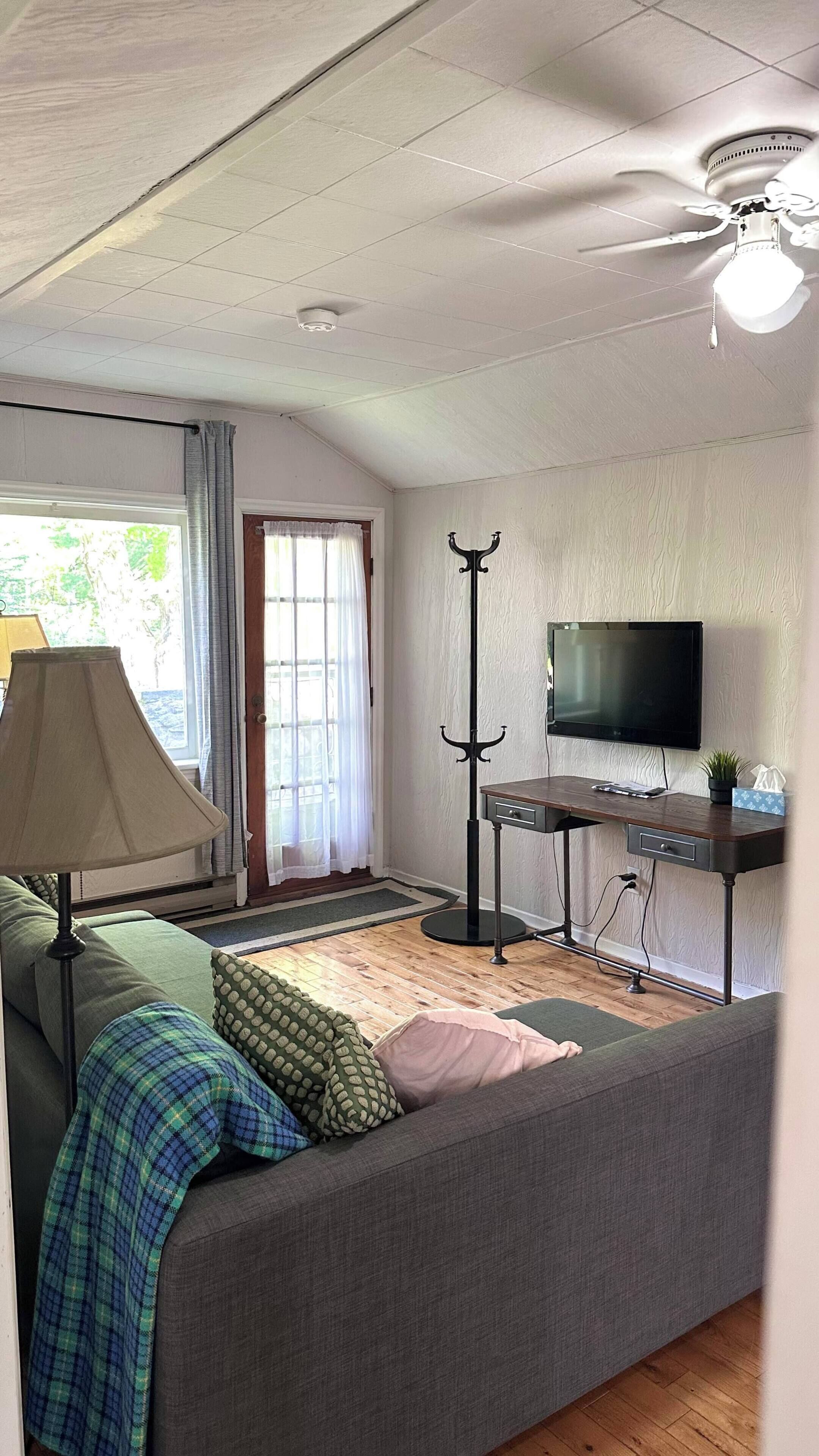 Una sala de estar con un sofá, un televisor, una lámpara y un ventilador de techo.
