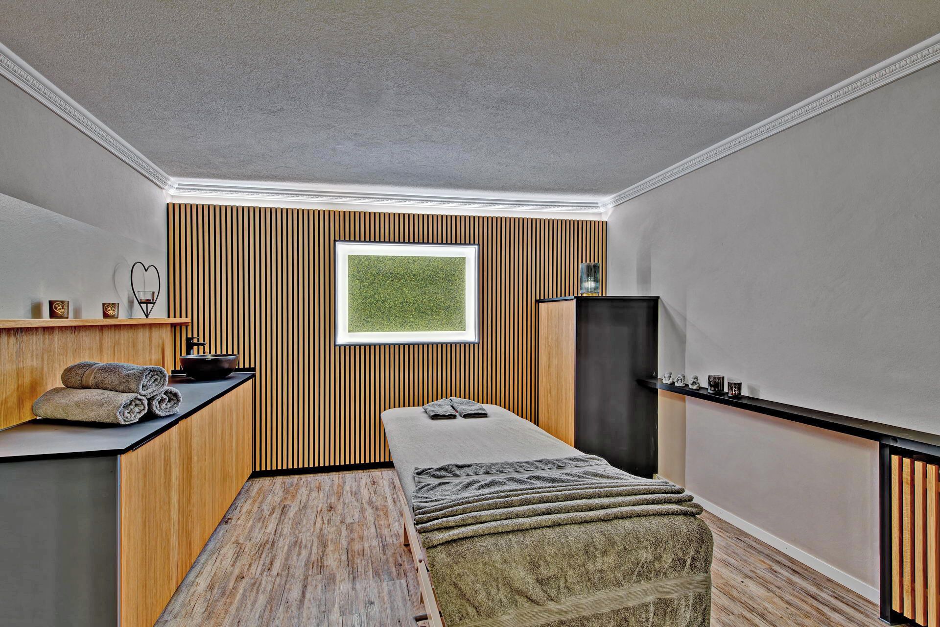 Sauna, hot tub, steam room, facials, manicures and pedicures, massages