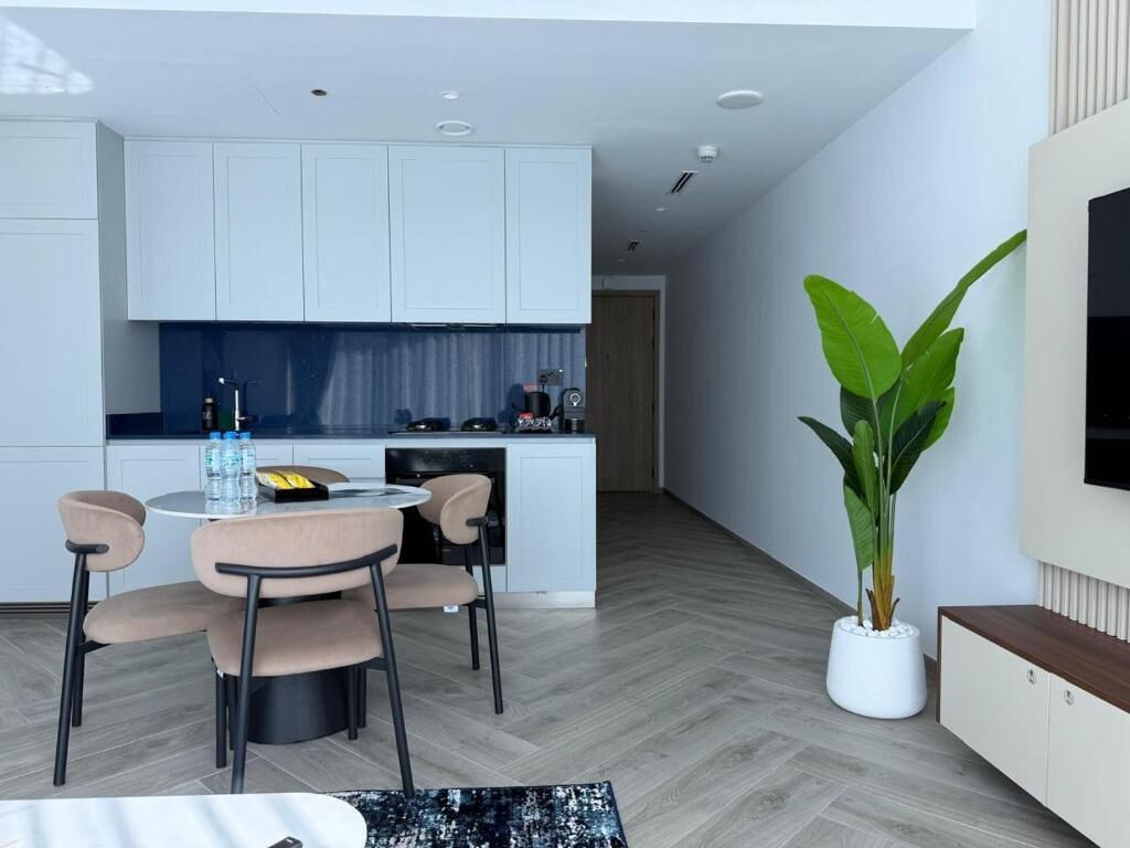 A modern kitchen with white cabinets, a dining area with a round table and chairs, a large potted plant, and a flat-screen TV mounted on the wall.