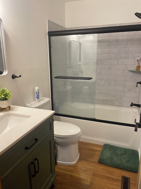Hair dryer, towels, soap, toilet paper