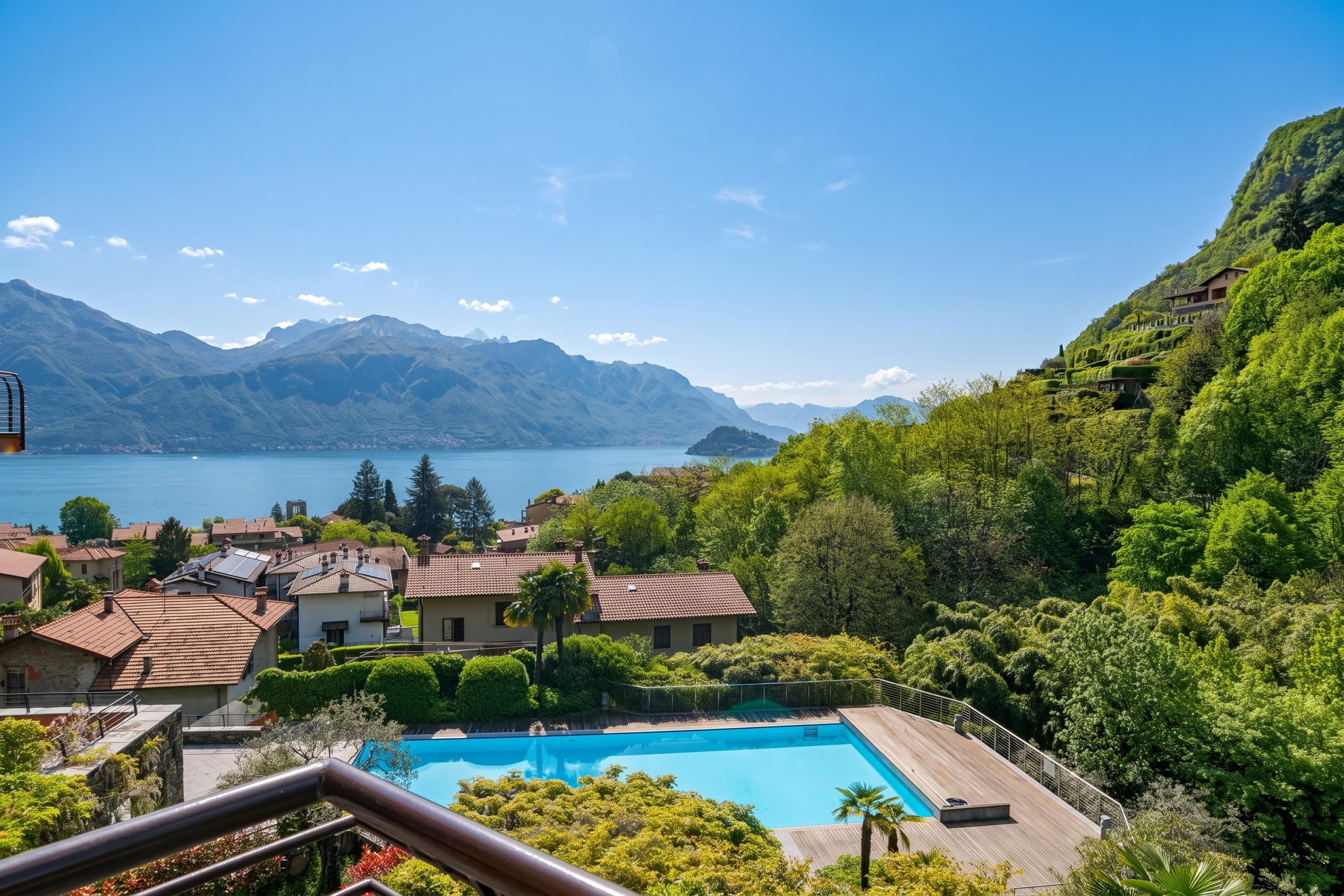 Un complexe hôtelier doté d’une piscine, de maisons en terrasses et offrant une vue sur les montagnes.