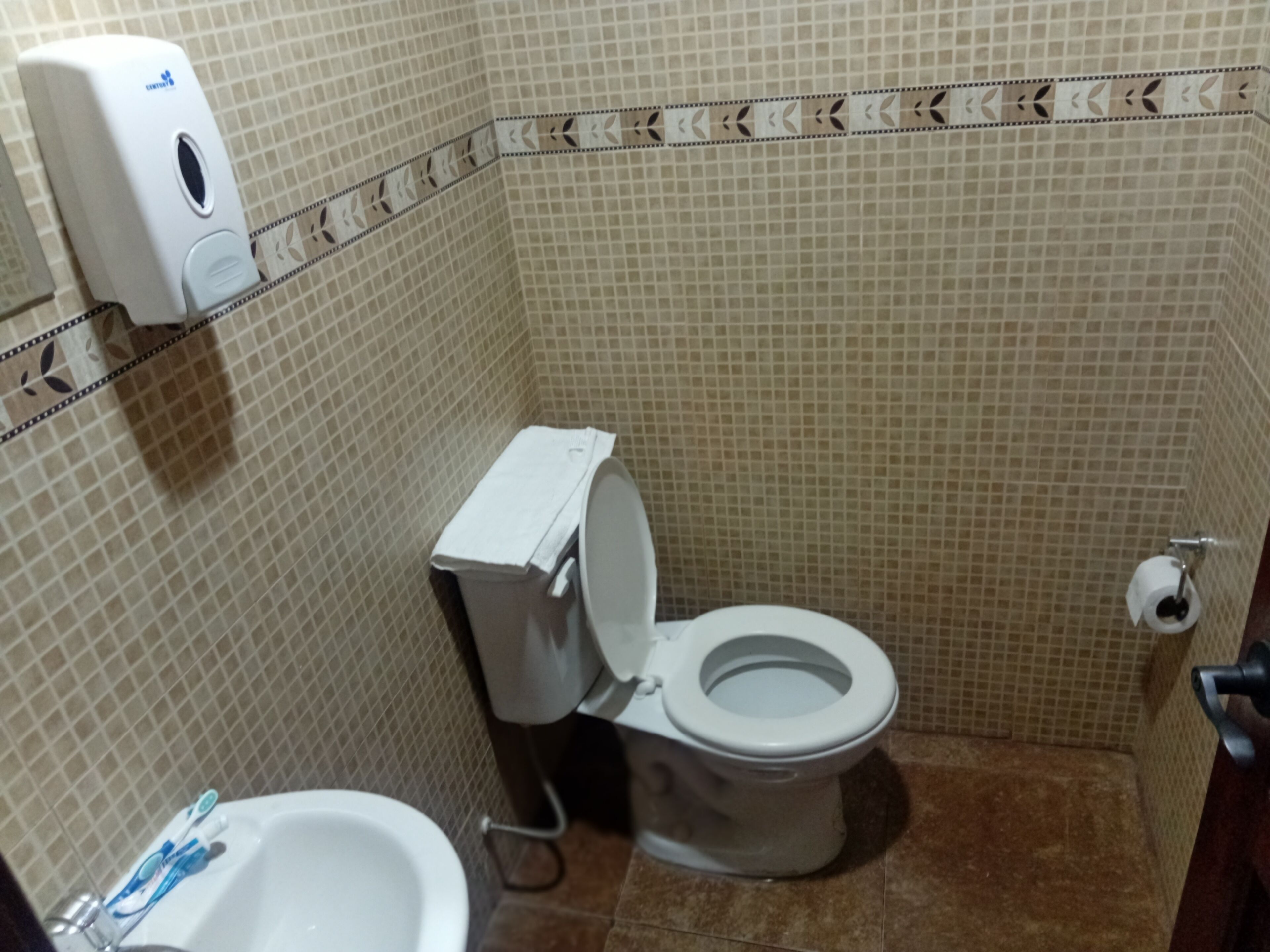 A small bathroom with a toilet, bidet, and hand dryer.