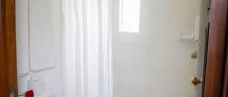 Un baño con inodoro, ducha y ventana.