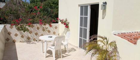 Eine Terrasse mit Tisch und Stühlen, einem Blumentopf, einer Tür und einer Wand mit Dekor.