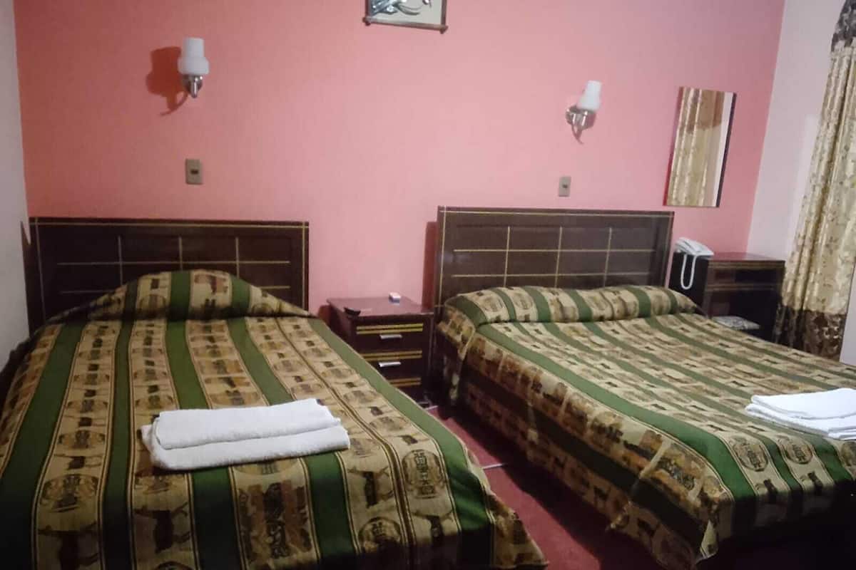 Two twin beds with patterned bedding, a bedside table, a nightstand, a wall-mounted lamp, and a telephone.