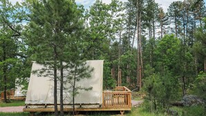 Un hébergement de luxe en pleine nature, doté d’un espace de couchage couvert, d’une terrasse en bois et entouré d’une forêt.