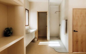 Un couloir étroit avec une porte en bois, une fenêtre et une plante posée sur une étagère.