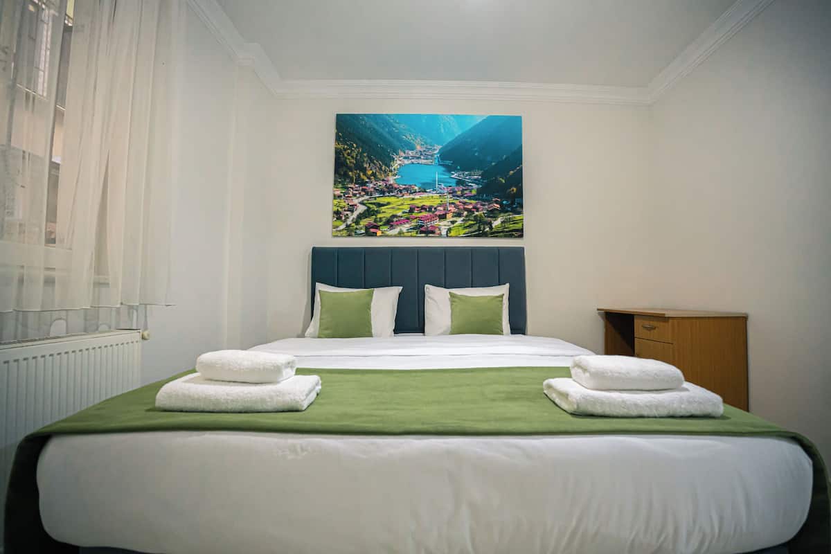 Una habitación de hotel con una cama grande, un cuadro de un paisaje y una mesita de noche de madera.