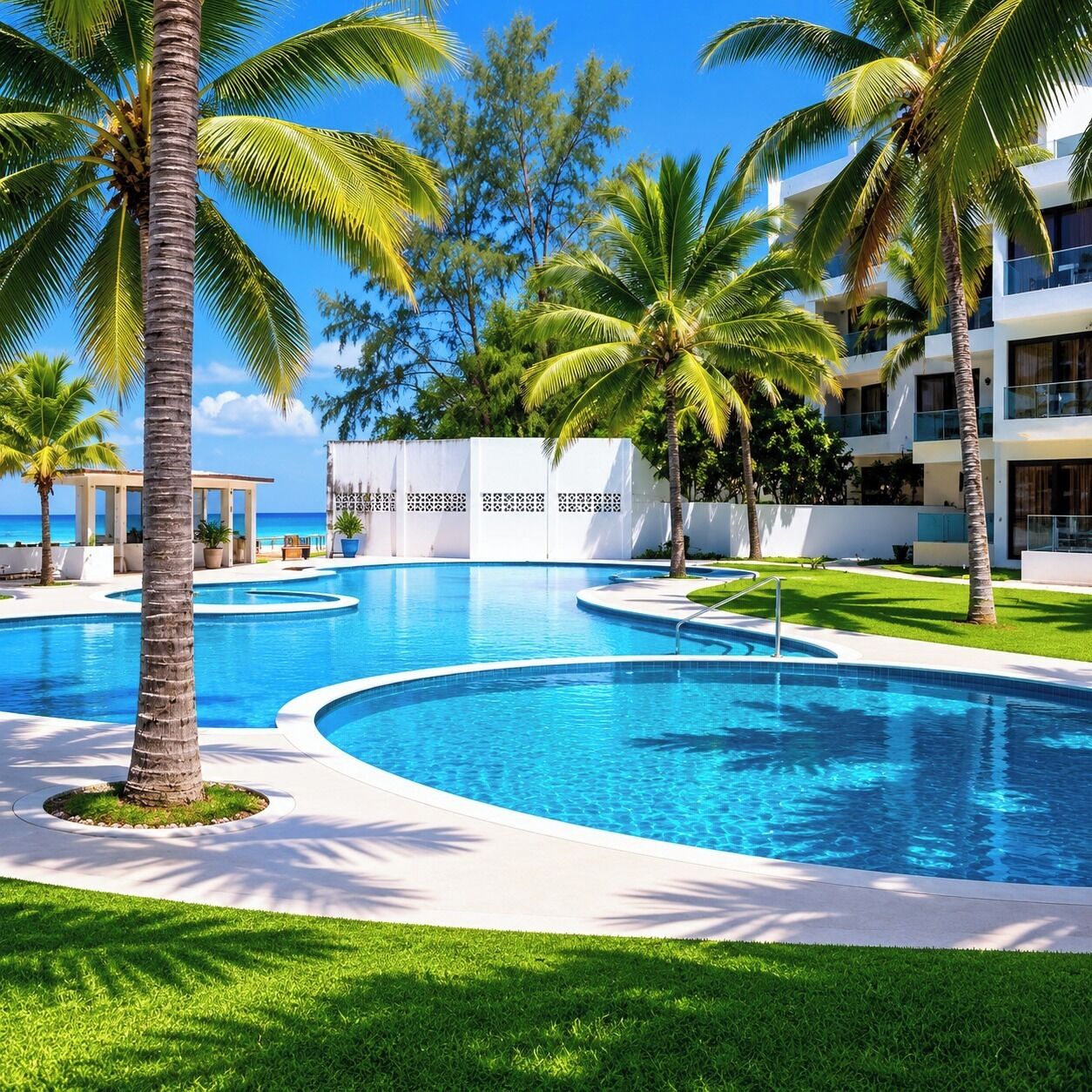 A swimming pool with palm trees and a building in the background.