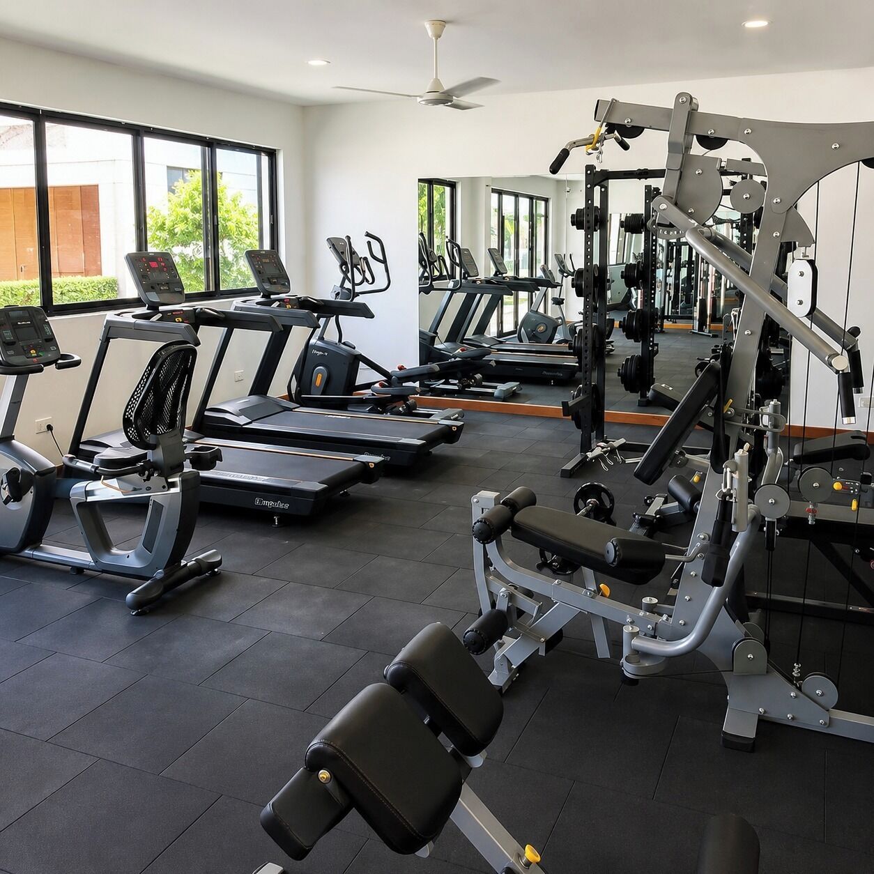 A gym with treadmills, weight machines, and a ceiling fan.