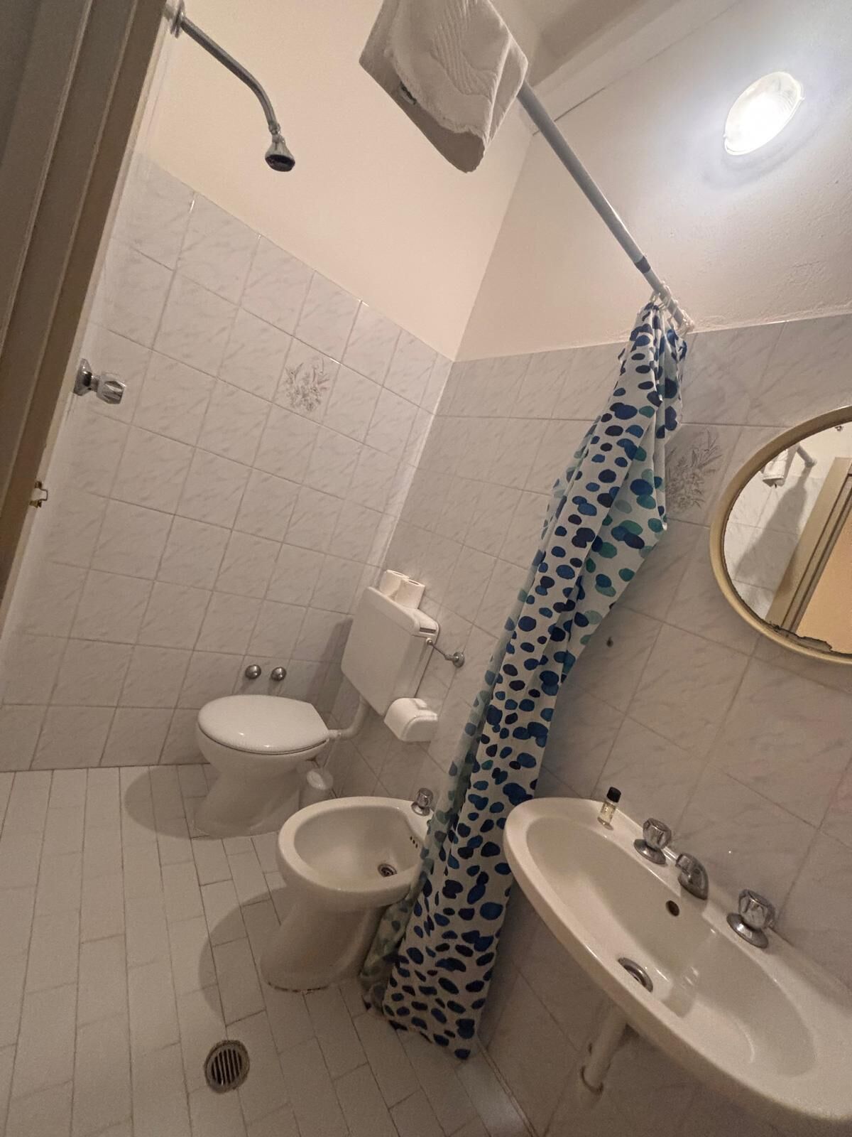Ein Badezimmer mit Toilette, Bidet, Waschbecken, Dusche und Handtuchhalter.