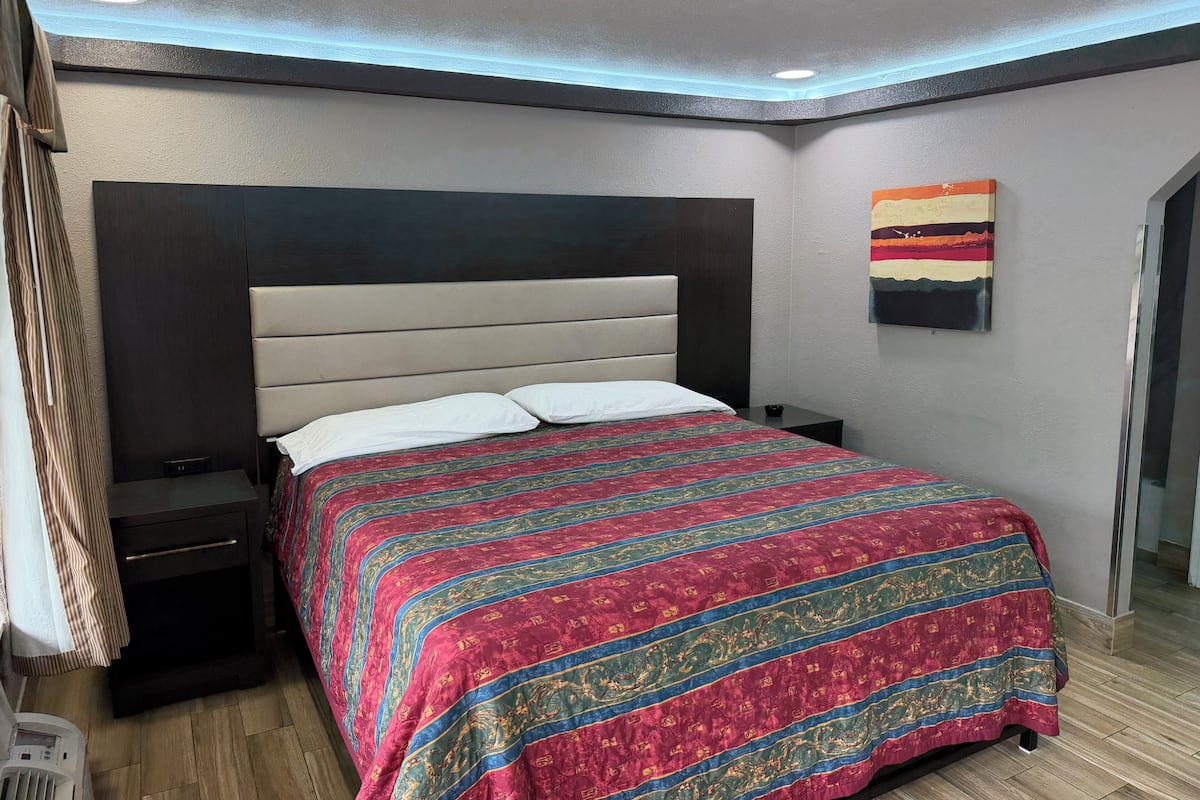 A bedroom with a bed, nightstands, a headboard, a wall-mounted artwork, and a door.