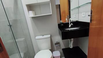 Hair dryer, towels, soap, toilet paper