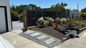 A residential area with a paved driveway, a wooden fence, and a garden with white flowers.