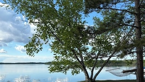 A hammock tied to a tree by a calm lake with clear skies.