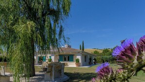 A house with a tiled roof, a garden with a tree, and a purple flower in the foreground. - La Sorgente by Interhome (Saturnia)