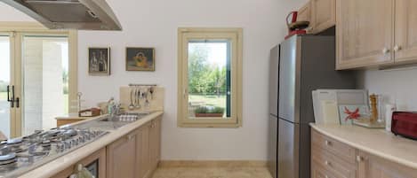 Une cuisine moderne dotée d’un grand îlot central, d’appareils électroménagers en acier inoxydable, de meubles de rangement en bois et d’une fenêtre donnant sur un paysage verdoyant.
