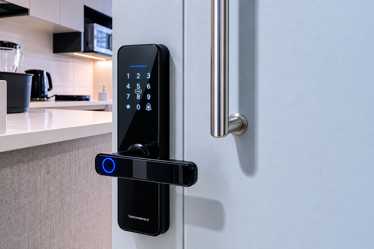A modern digital lock with a keypad and a card reader, installed on a door.