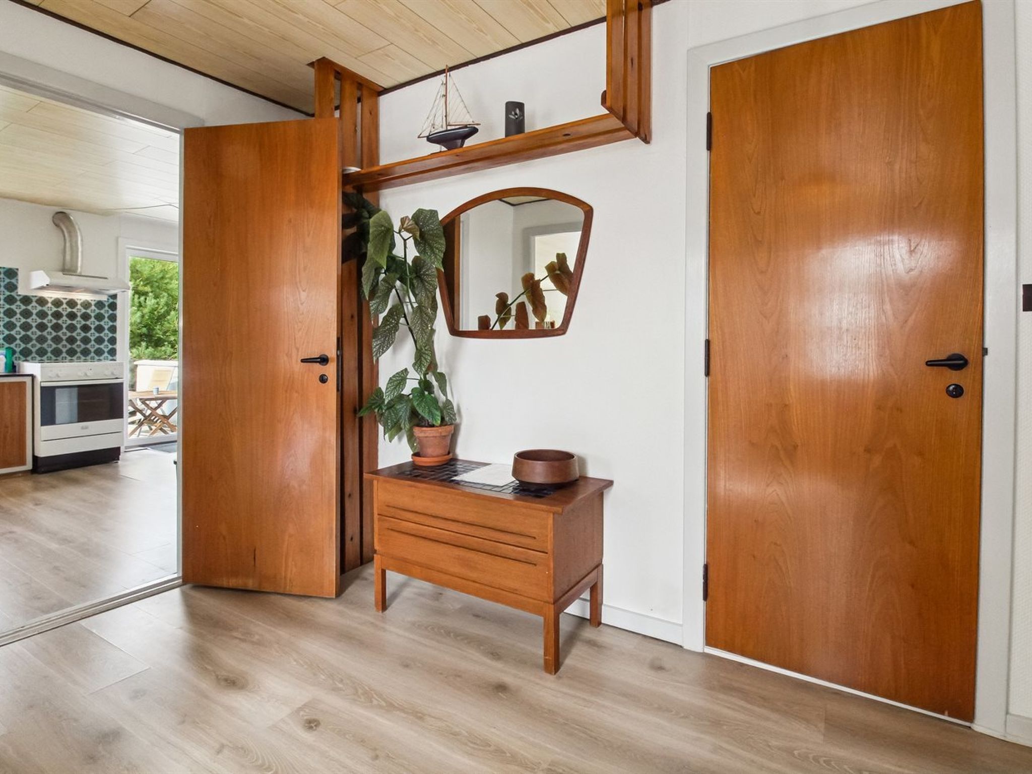 A wooden door with a mirror and a potted plant.