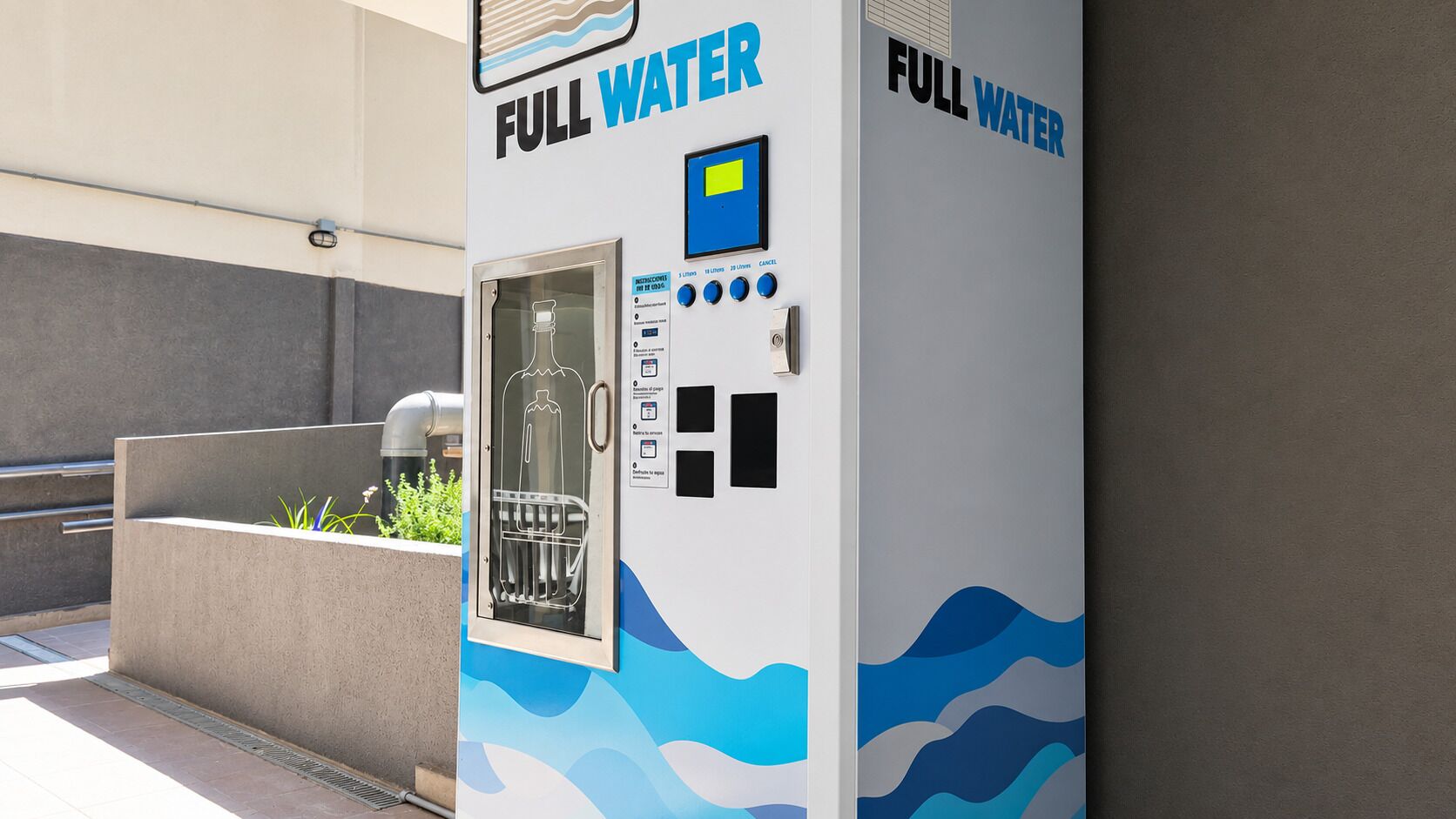 Ein Wasserautomat mit Glasflaschensymbol, digitalem Display und Wasserstandsanzeiger.