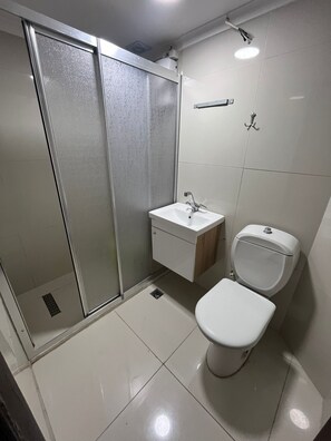Chuveiro, secador de cabelo, toalhas de banho, papel higiênico