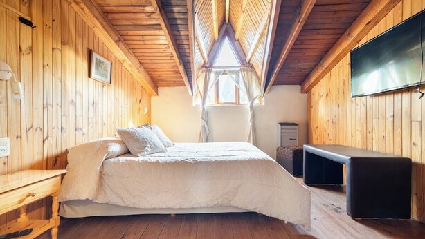 A wooden-paneled room with a bed, a bench, a TV, and a window. - Family bungalow : Garden and barbecue : Playa Bonita Bariloche (San Carlos de Bariloche)