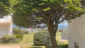 Una zona residencial arbolada con una señal de stop, un edificio de fachada blanca y una vista despejada al mar.
