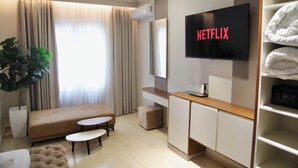 Una habitación de hotel moderna con sofá, una mesita, un televisor que muestra 'NETFLIX', una planta y un armario.