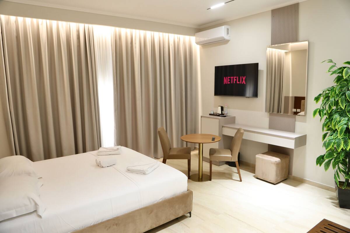 A hotel room with a bed, a desk, a chair, a TV, and a plant.
