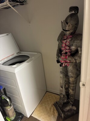Ein Waschbereich mit Waschmaschine, Staubsauger und einer Ritterstatue.