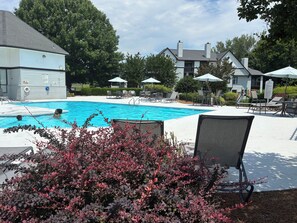 Ein Swimmingpool mit Liegestühlen und Sonnenschirmen, umgeben von Grünflächen und Gebäuden.