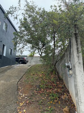 Une ruelle étroite, avec un arbre, un VUS garé et un immeuble doté d’un mur en béton.