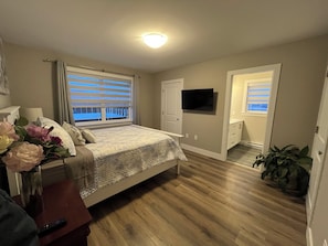 A bedroom with a bed, a TV, a window with blinds, a door, and a plant.
