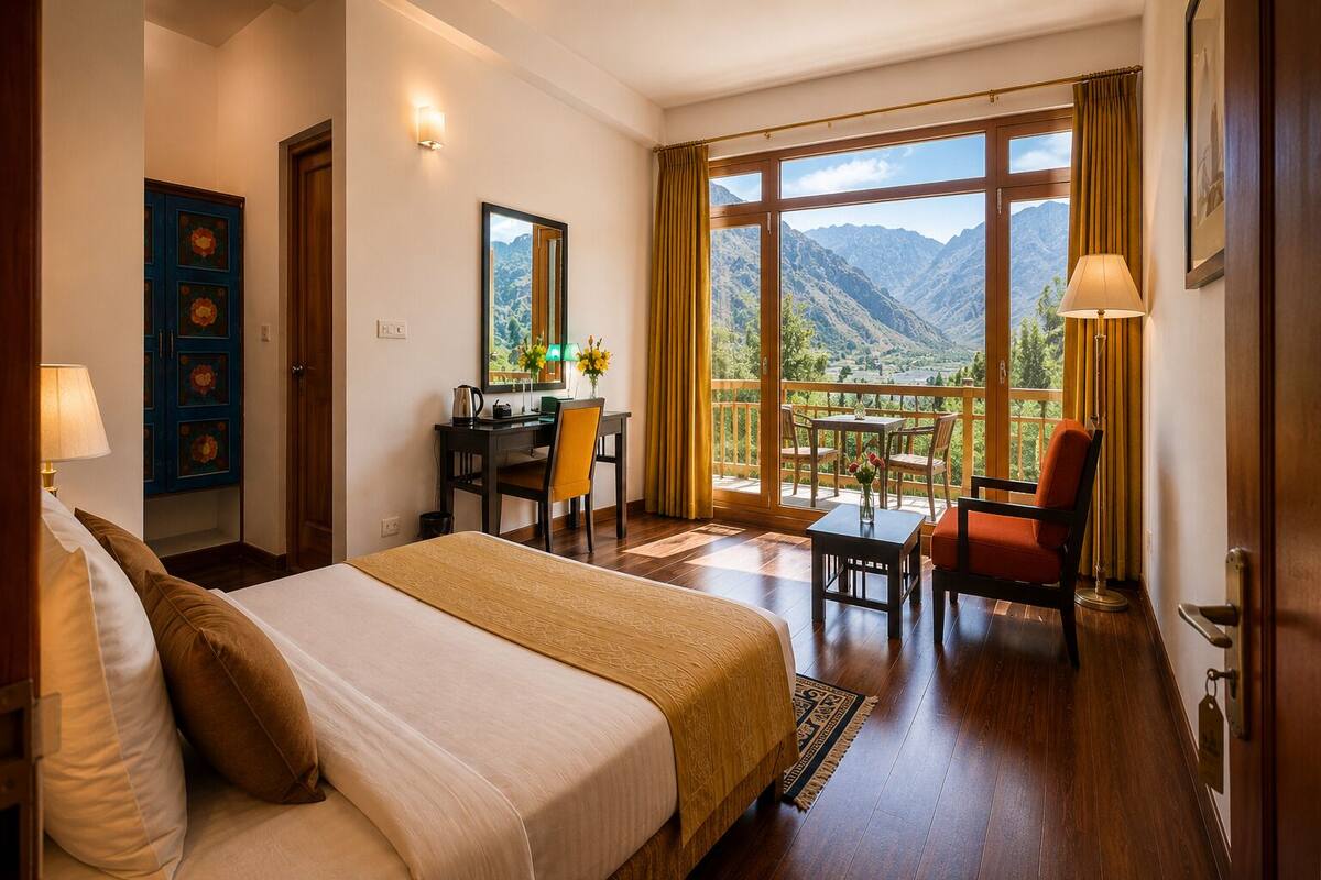 Habitación de hotel con cama, escritorio, silla y balcón con vista a la montaña.