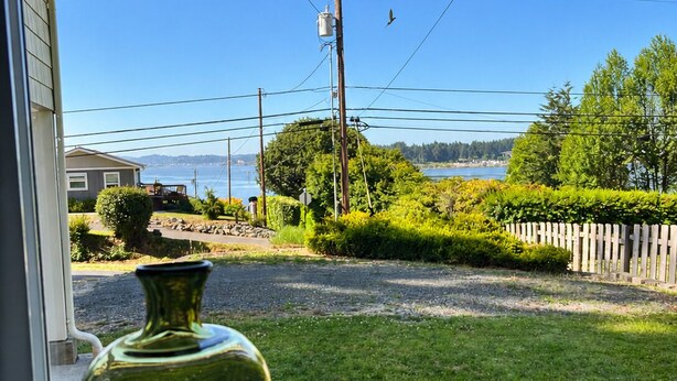 A clear view of a residential area with a house, a street, and a body of water in the distance.
