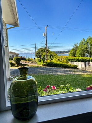 A clear view of a residential area with a house, a street, and a body of water in the distance.