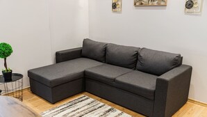 A grey sectional sofa with a small potted plant and a striped rug in a room with white walls and wooden flooring. - Stone City Stay Central Gjirokast r Apartment (Gjirokastër)