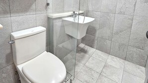 Ein modernes Badezimmer mit Toilette, einer in Glas abgeschlossenen Dusche und einem Waschbecken.