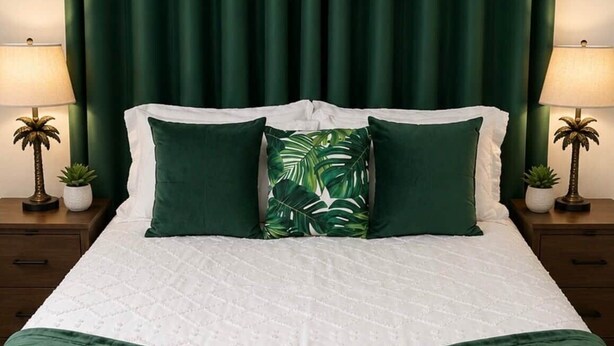 A bed with a white quilt, two green pillows, and a green bedspread.