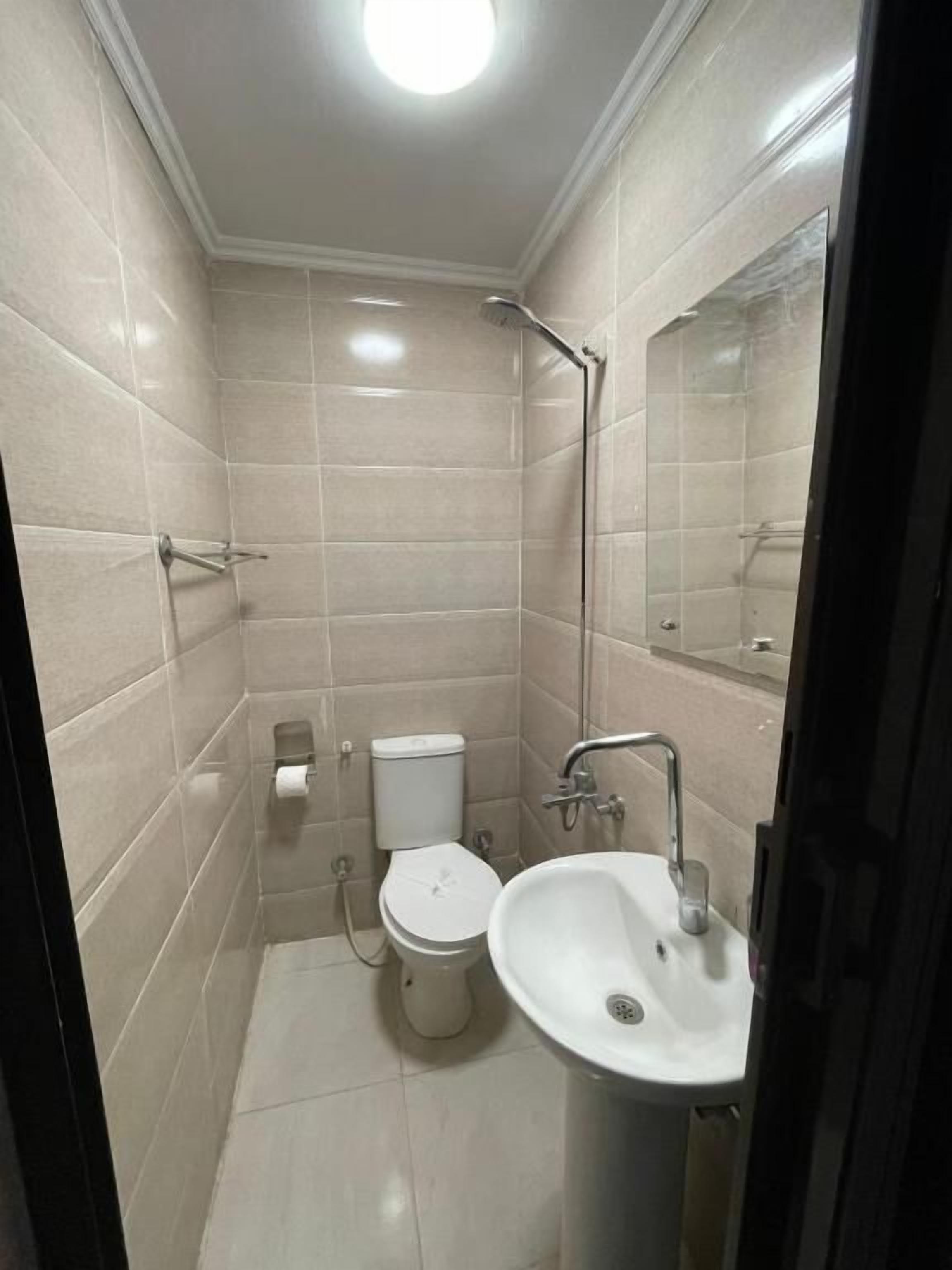 Une petite salle de bain avec des toilettes, un lavabo et une douche.