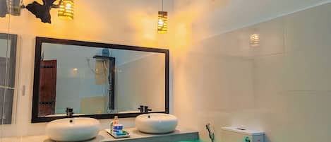 Hair dryer, towels, soap, toilet paper