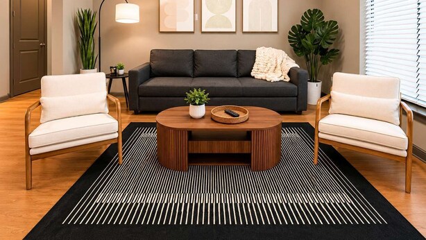 A living room with a sofa, two armchairs, a coffee table, and a floor lamp. There are three framed artworks on the wall. - Downtown Tulsa Apartment Near Arts District  Pool (Tulsa)
