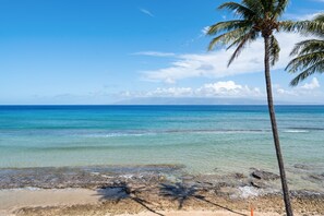 A beach with clear water, a palm tree, and a rocky shoreline. - Ocean-view 2BR/2BA condo with pool, hot tub & beach access-Paki Maui 304 (Lahaina)