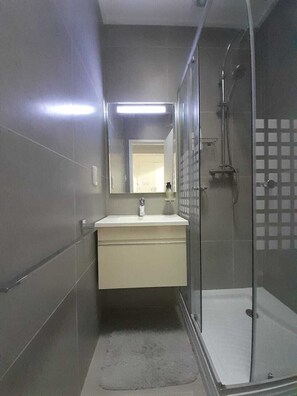 Shower, hair dryer, bidet, towels