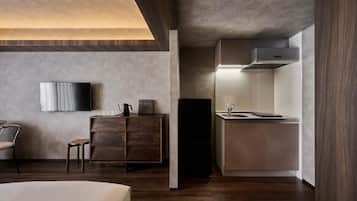 Fridge, electric kettle, highchair, cookware/dishes/utensils