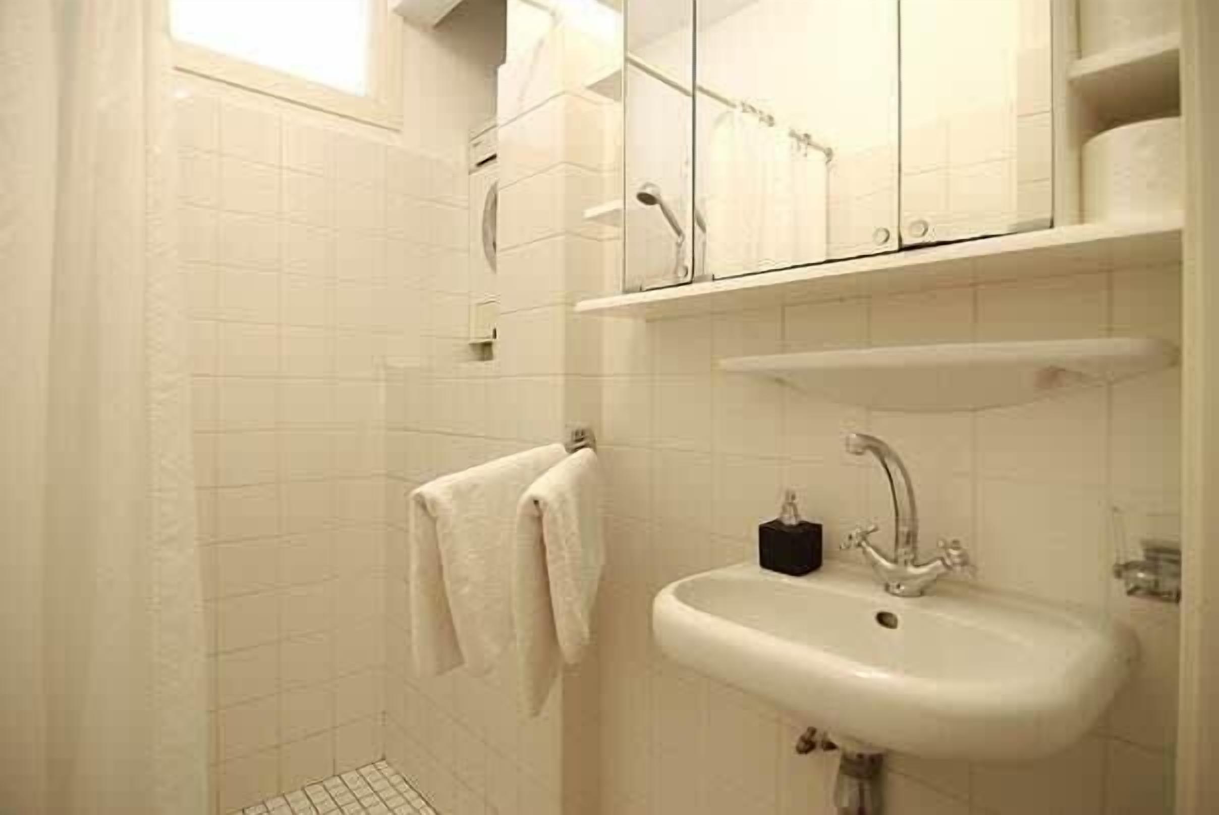 Shower, hair dryer, towels, shampoo