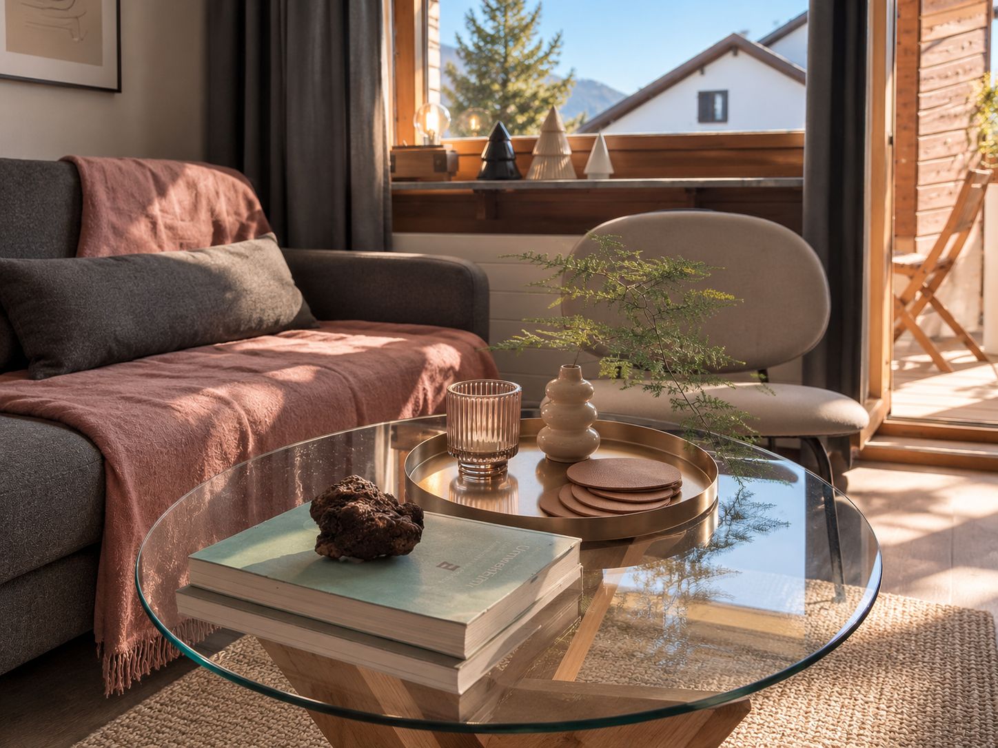 Ein modernes Wohnzimmer mit einem Glastisch, einer Couch, einem Sessel und Blick auf einen Berg.