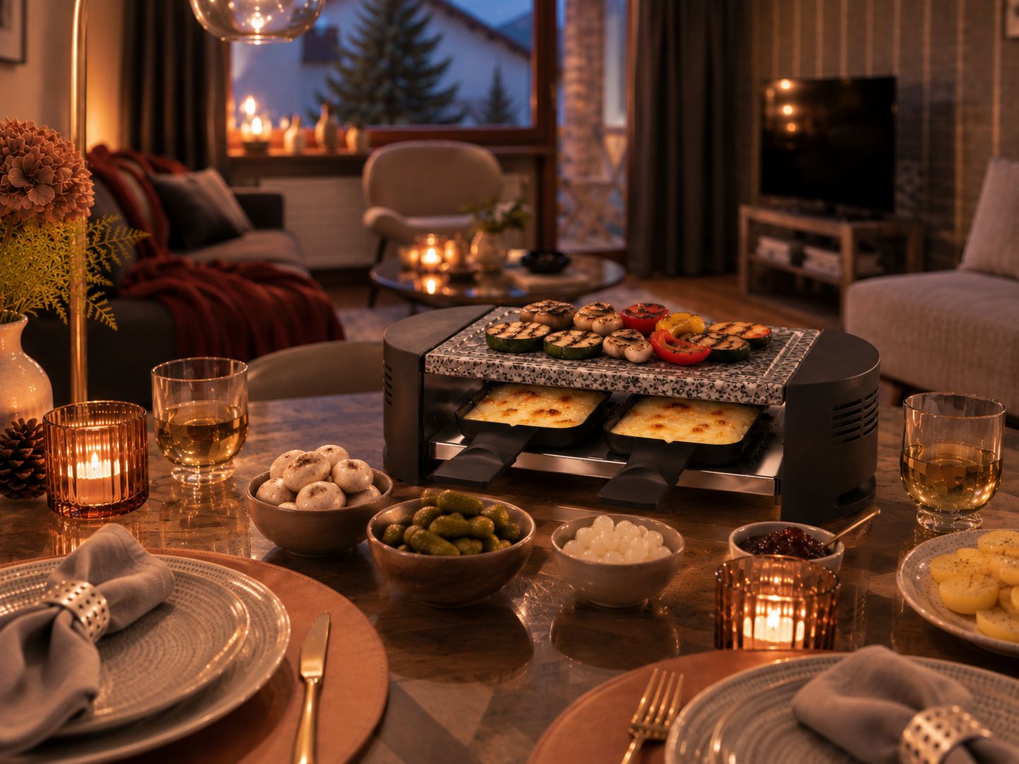 Ein Essbereich mit Grillstation, Kerzen und einer gemütlichen Sitzgruppe.