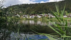 A lake with houses in the background.